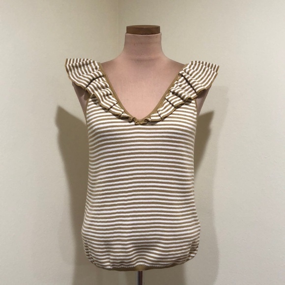 Madewell Belhaven Ruffle Sweater Tank Top Size Medium Heather Camel Brown Stripe - Picture 2 of 10